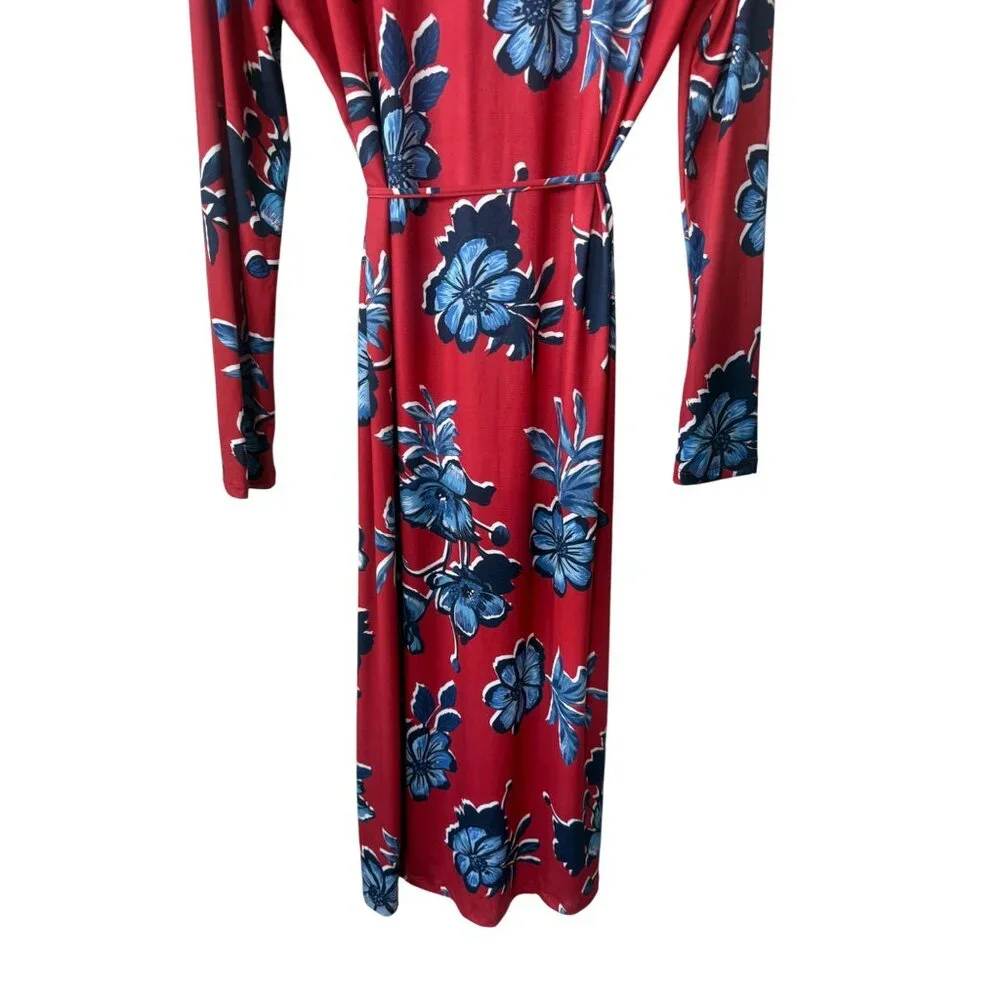 Zara Long Sleeve Shirt Dress Size L Boho Button Down Belted Red Blue Floral Midi - Picture 7 of 12